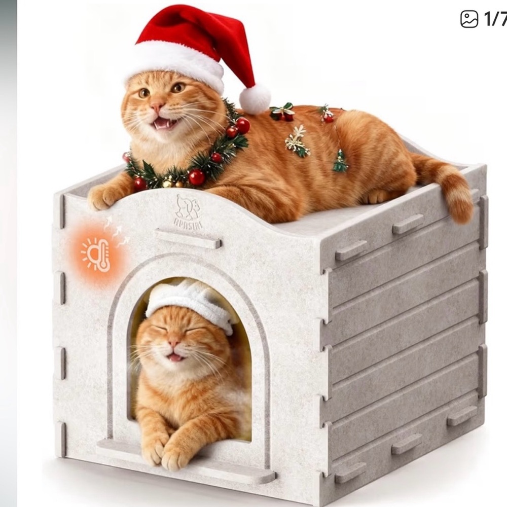 Festive Cat House with Santa Hat - Cream. 2 in 1